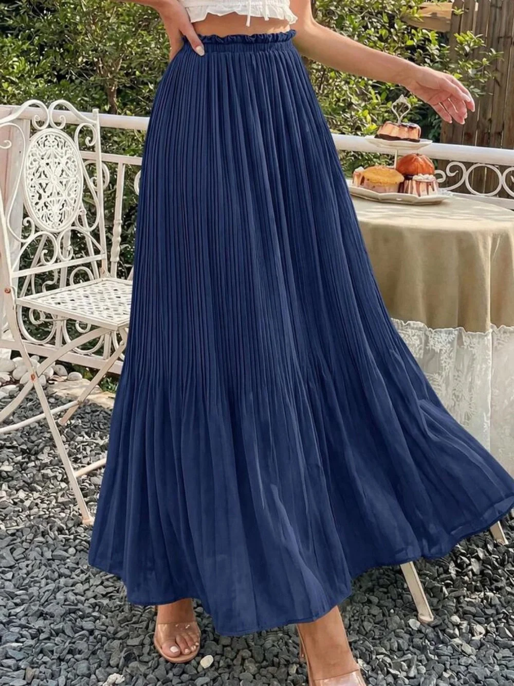 Pleated Navy Blue Maxi Skirt - Elegant Women's Skirt